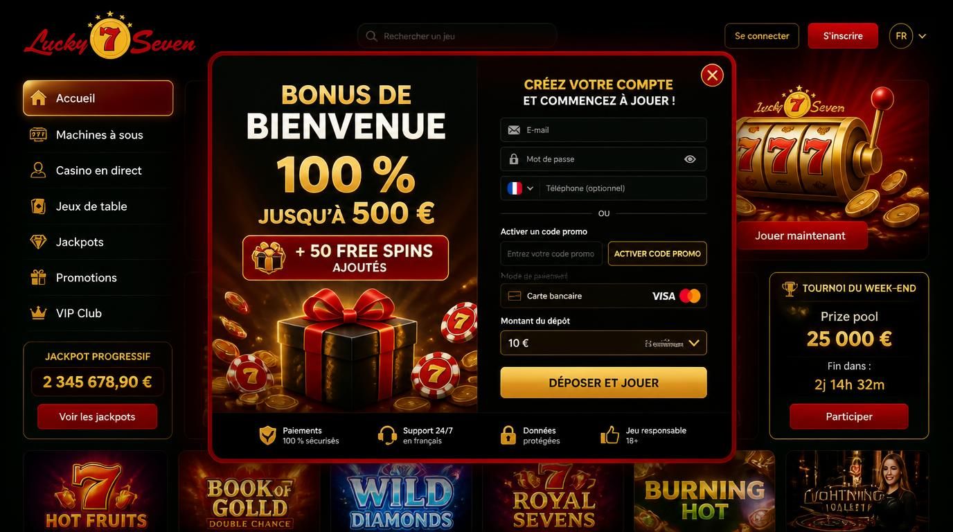 Interface montrant un bonus de bienvenue, les conditions du dépÎt et free spins